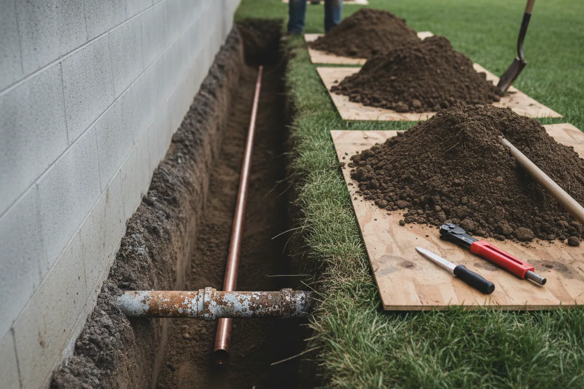 Excavated water line trench during Water Heater Repair in Conover
